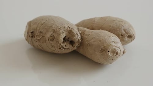Zingiber officinale rhizome 4K 2160p 30fps UltraHD tilting footage - Ginger root on the table slow