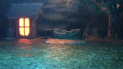 Rain Falls In The Old Garden, The Rain Falls On The Old House In The Garden With The Well At Night