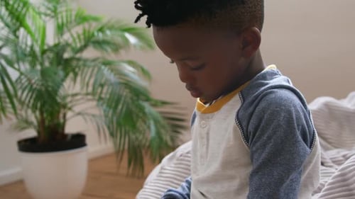 Boy using tablet computer at home