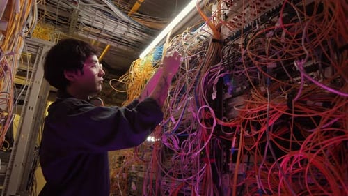 Young Adult Untangling Cables in Bright Server Room