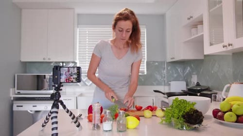 Adorable femme parlant enregistrement vidéo de cuisine à l'intérieur de cuisine