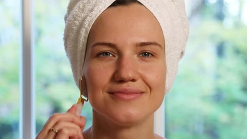 Woman Massaging Face with Beauty Roller Close Up