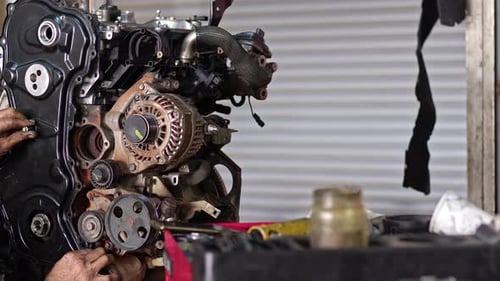 Car Mechanic Adjusts Front Housing Of Car Engine In Repair Shop