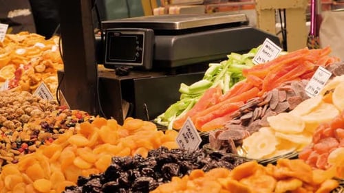 Counter with Various Dried Fruits on the Grand Bazaar in Istanbul Turkey