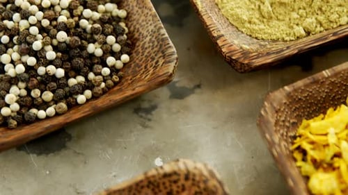 Spices in Wooden Bowls, Close Up