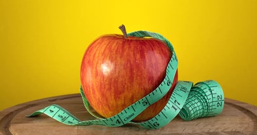 Red Apple Wrapped With Measuring Tape On Wood