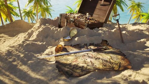 Animated Treasure Map and Chest on Tropical Beach