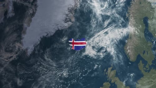 Global Earth Map Zoom to Iceland Country and Flag Reveal