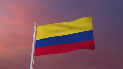 Realistic Colombia Flag Waving on Flagpole Against Sunset