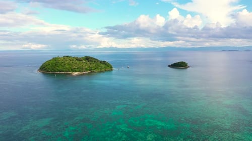 Seascape with Tropical Islands and Coral Reefs, Aerial View.