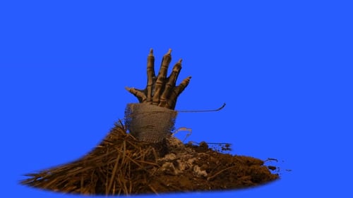 Skeletal Hand Emerging from Dirt on Blue Screen