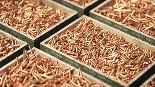 Huge stack of military boxes filled with rifle and machine gun ammunition. 4KHD