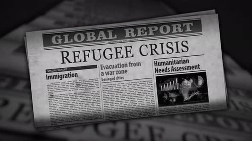 Flüchtlingskrise und humanitäre Hilfe Retro-Zeitungsdruck