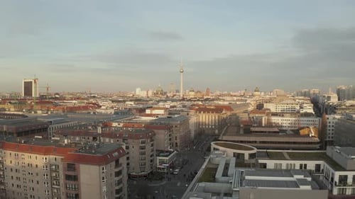 AERIAL: Low Over Berlin Central, Mitte with View on Alexanderplatz TV Tower on Beautiful Sunny Day