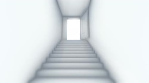 Minimalist White Staircase Leading to a Bright Door Reveal