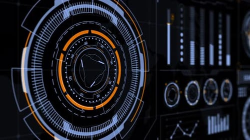 Head-up-Display-Technologie, Schnittstellenbildschirm mit futuristischen 3D-Elementen, Diagramm und Chat-Panel