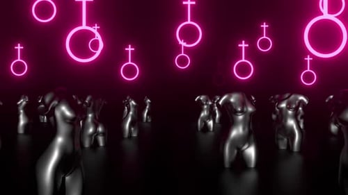 Neon Pink Female Symbols Floating Over Metallic Mannequins