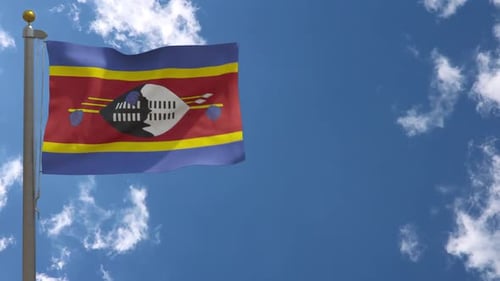 Eswatini National Flag Waving in Blue Sky with Clouds