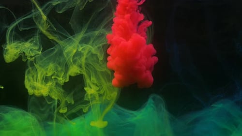 Neon Red Watercolor Long Cloud Spreads in Green Smoke