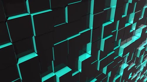 Pulsating Geometric Wall of Cubes with Glowing Blue Light