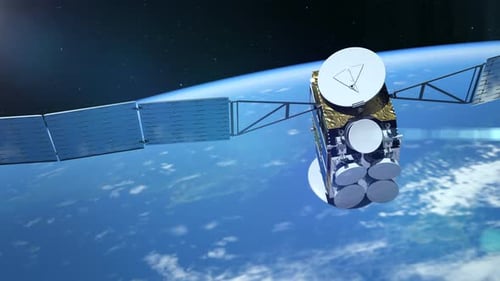 Animated Communication Satellite Orbiting Earth with Deploying Solar Panels