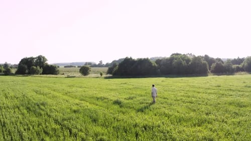 a Man Walks on a Green Field