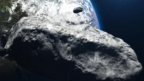 Realistic Earth with Orbiting Asteroids in Space Animation