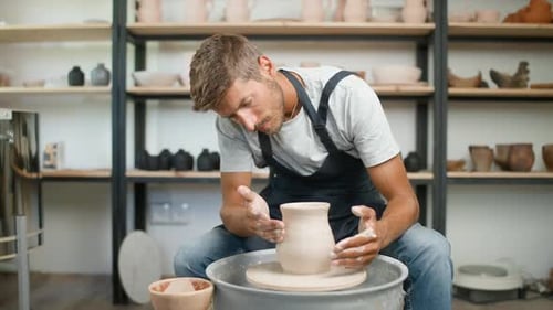 Pottery Workshop the Man Potter Makes a Pitcher Out of Clay Handicraft Production of Handmade