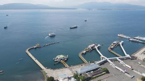 Aerial view of Port in Banyuwangi Indonesia with ferry in Bali Ocean