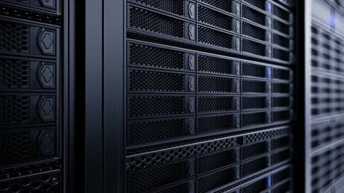 Animation infinie de serveurs de données fonctionnels. Lumières LED bleues brillantes. Bouclable.
HD