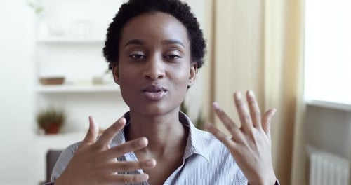 Webcam View Black Business Woman Afro American Lady Student Speaks Conducts Online Lesson Explains