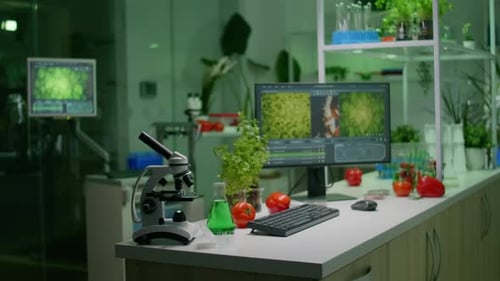 Laboratory with Microscope, Plants, and Scientific Equipment