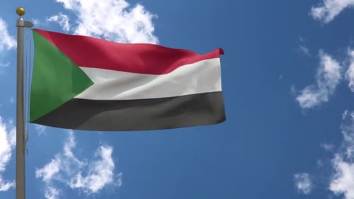 Sudan Flag Waving in Realistic 3D Animation Against Blue Sky