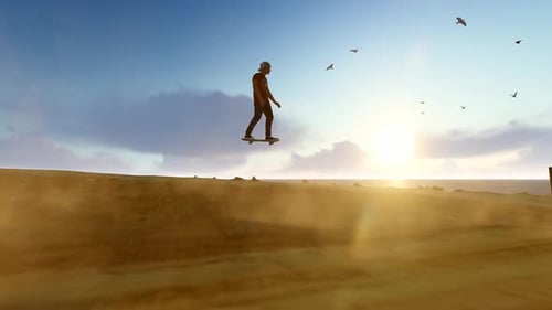 Futuristic Person Hoverboarding in Desert Sunset