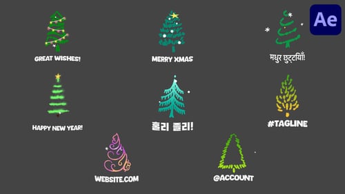 Dibujos animados de árboles de Navidad, íconos y títulos para After Effects