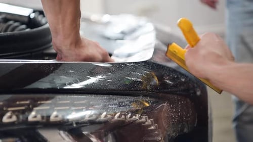 Close Up of Paint Protection Film Installation on Modern Luxury Car. PPF Is Polyurethane Film That