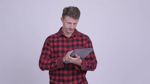 Man Using Tablet, Flannel Shirt, Clean Studio