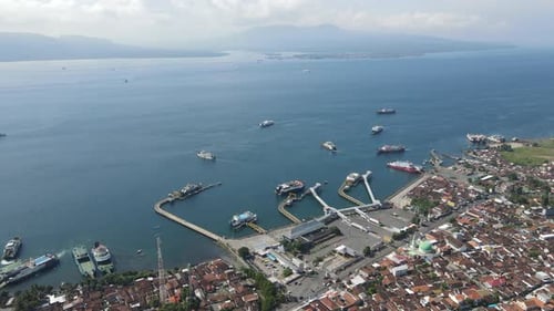 Aerial view of Port in Banyuwangi Indonesia with ferry in Bali Ocean