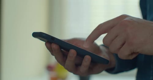 Hands of Young Man Using Smartphone at Home Office. Communication, Online Shopping, Chat, Social