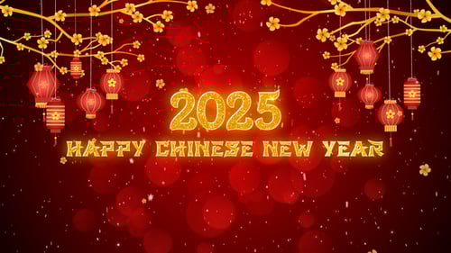 Happy Chinese New Year 2025 Title with Lanterns and Golden Branches