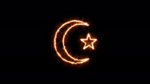 Icône animée Signe étoile et croissant de lune en feu. Animation sur fond noir, lettres