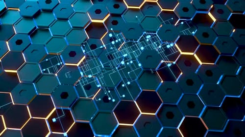 Leuchtender sechseckiger Würfelhintergrund, Hightech-Cyberspace.