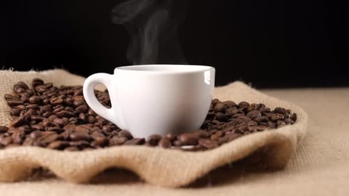 Hot Coffee Cup Surrounded by Coffee Beans