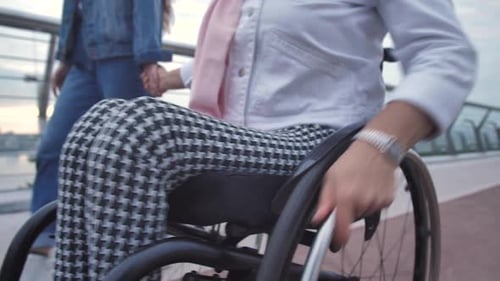 Adult Woman in Wheelchair and Her Daughter on Walk