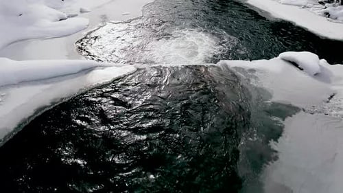 Aerial View Drone Moving Above the Frozen River in Mountains