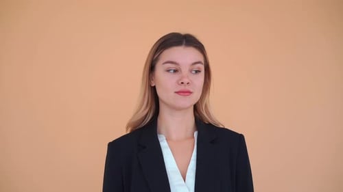 Young Caucasian Business Woman 20 Years Dressed Black Jacket Standing Studio Isolated Beige Color