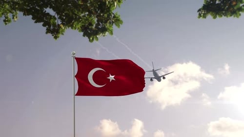 Turkey Flag With Airplane And City -3D rendering