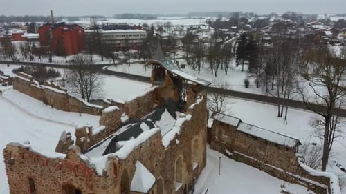 Ruins of Ancient Livonian Order's Stone Medieval Castle Latvia Aerial Drone Top Shot