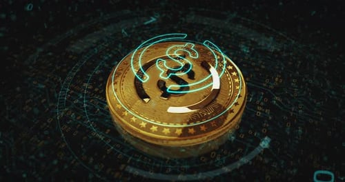 USDC USD Coin stablecoin cryptocurrency golden coin loop on digital screen