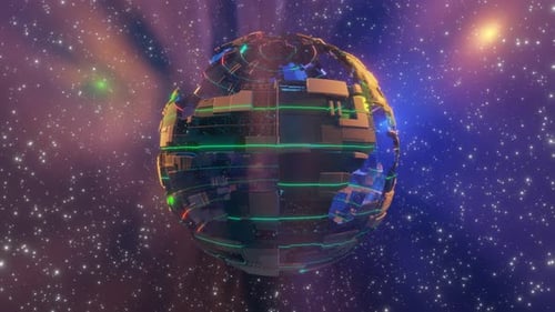 Futuristic Rotating Sphere with Glowing Digital Pattern and Shifting Colors